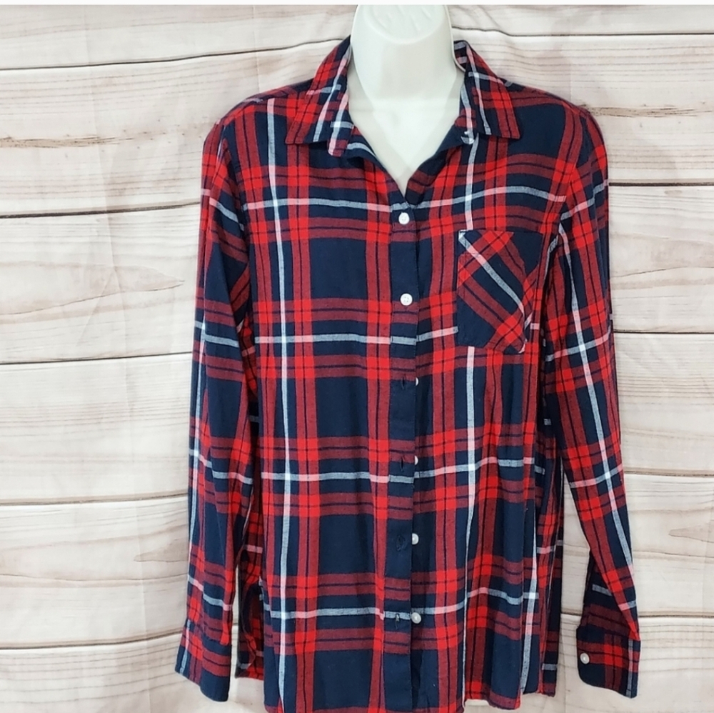 Red Navy and White Button Down Plaid Shirt Size L